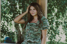 Load image into Gallery viewer, Olive Horse Jacquard Woven Puff Ruffle Button Down Romper