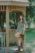 Load image into Gallery viewer, Olive Horse Jacquard Woven Puff Ruffle Button Down Romper