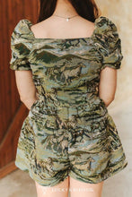 Load image into Gallery viewer, Olive Horse Jacquard Woven Puff Ruffle Button Down Romper