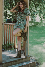 Load image into Gallery viewer, Olive Horse Jacquard Woven Puff Ruffle Button Down Romper